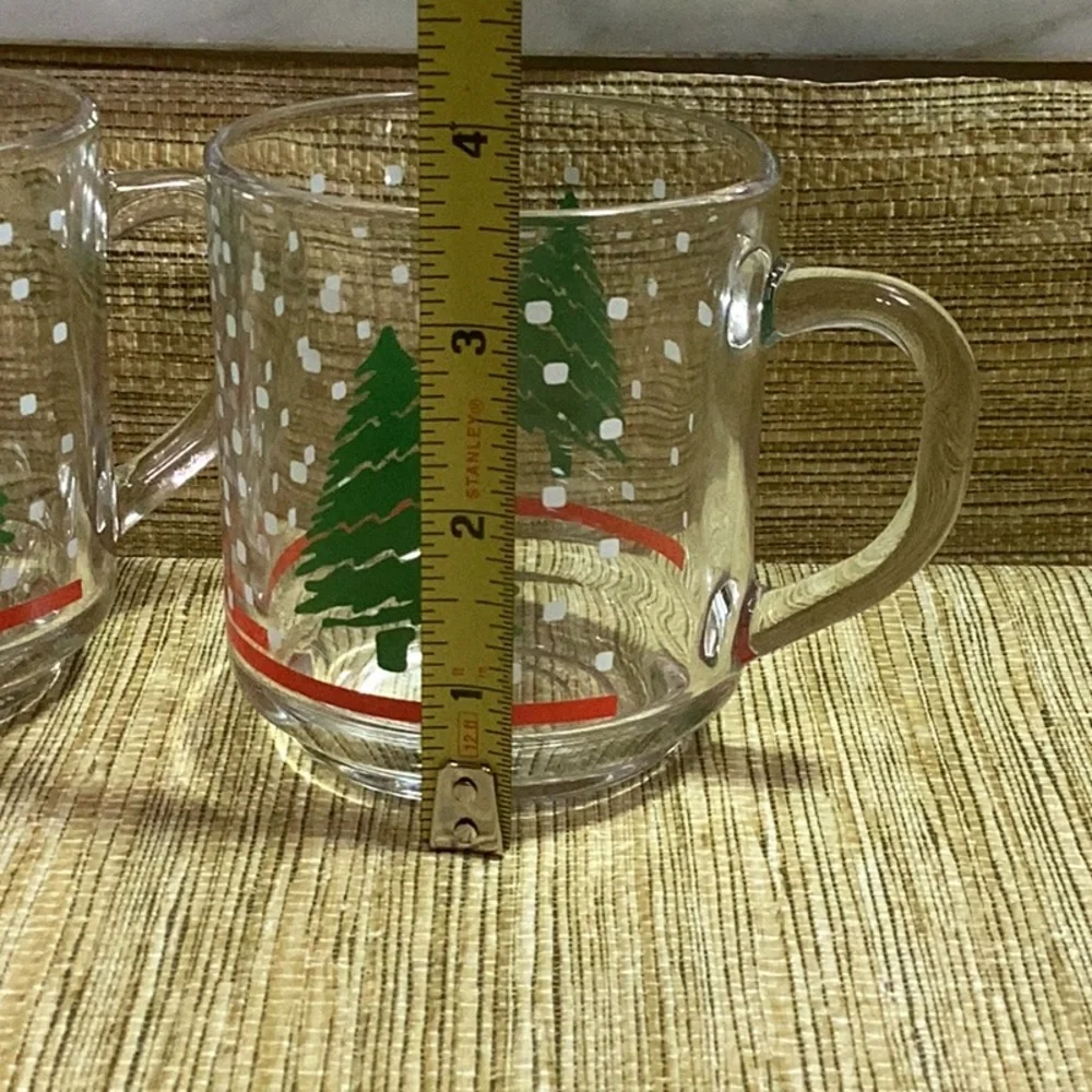 Vintage Luminarc Glass Mugs with Christmas Tree Design with Snow Lot of 6